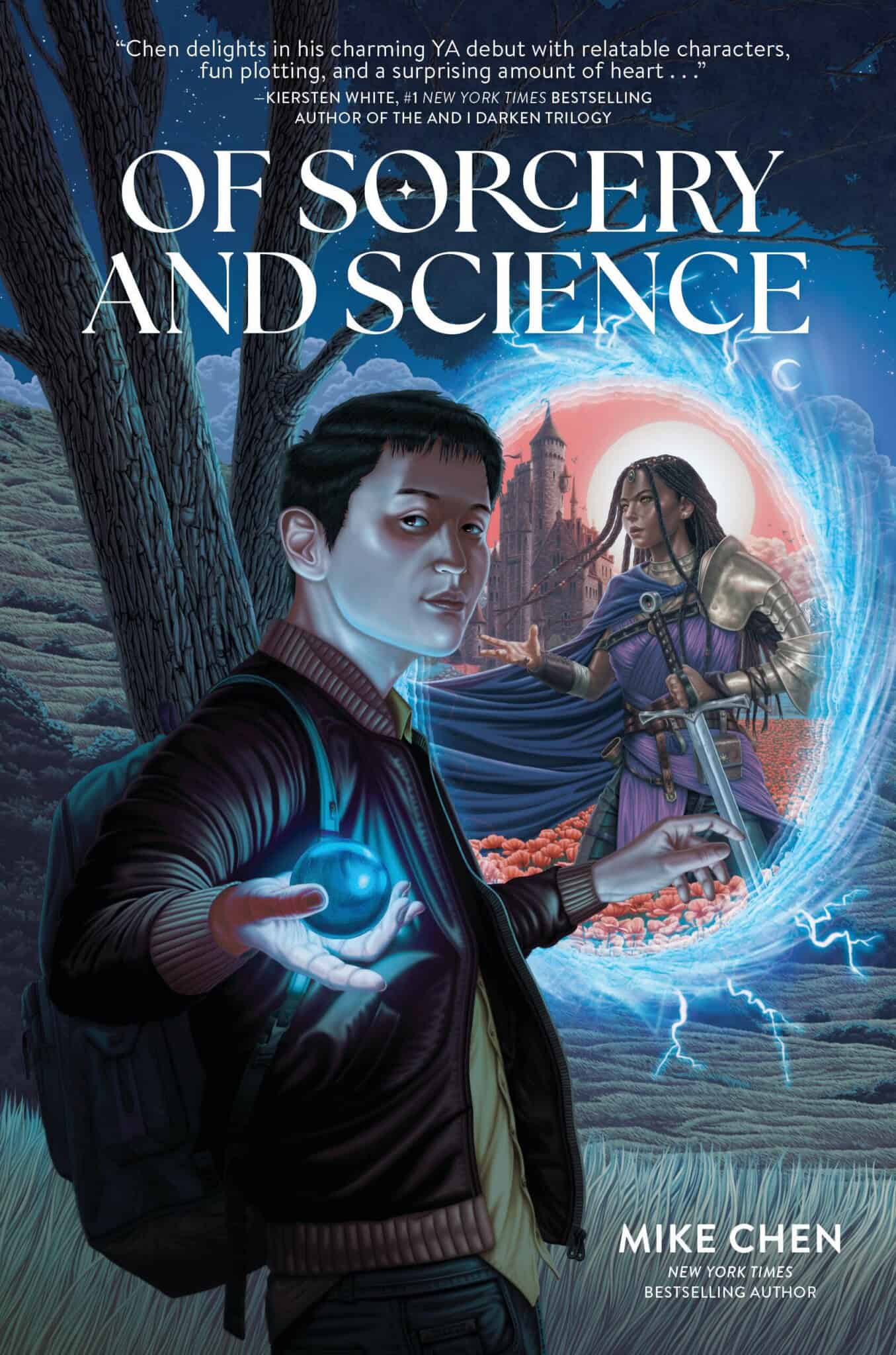 A teen boy with glowing blue energy in his hand stands in a forest; behind him, a woman in medieval dress wields a magical staff, with a castle and swirling portal in the background.