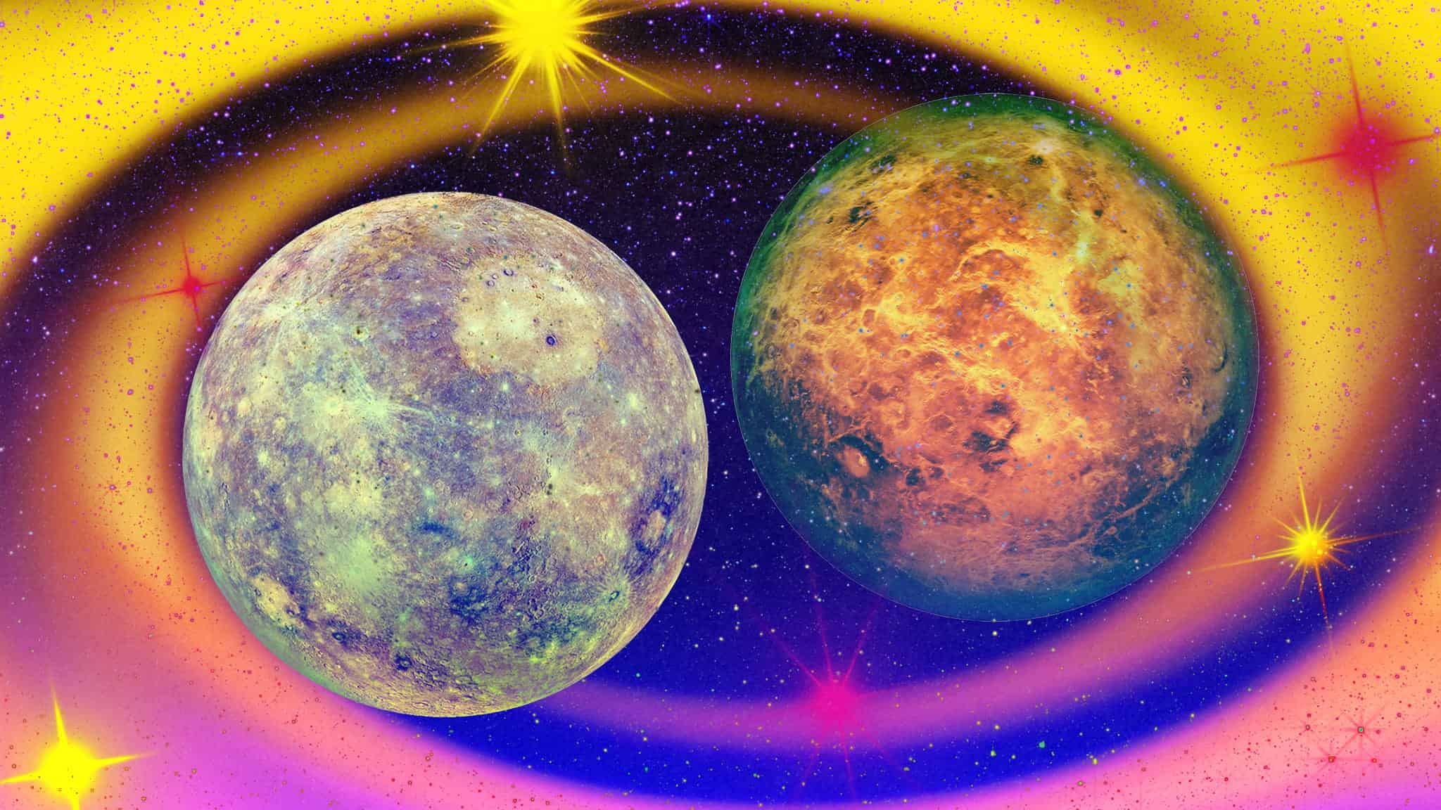 Two colorful planets float in a vibrant, star-filled space with swirling yellow, purple, and orange hues and sparkling stars around them.