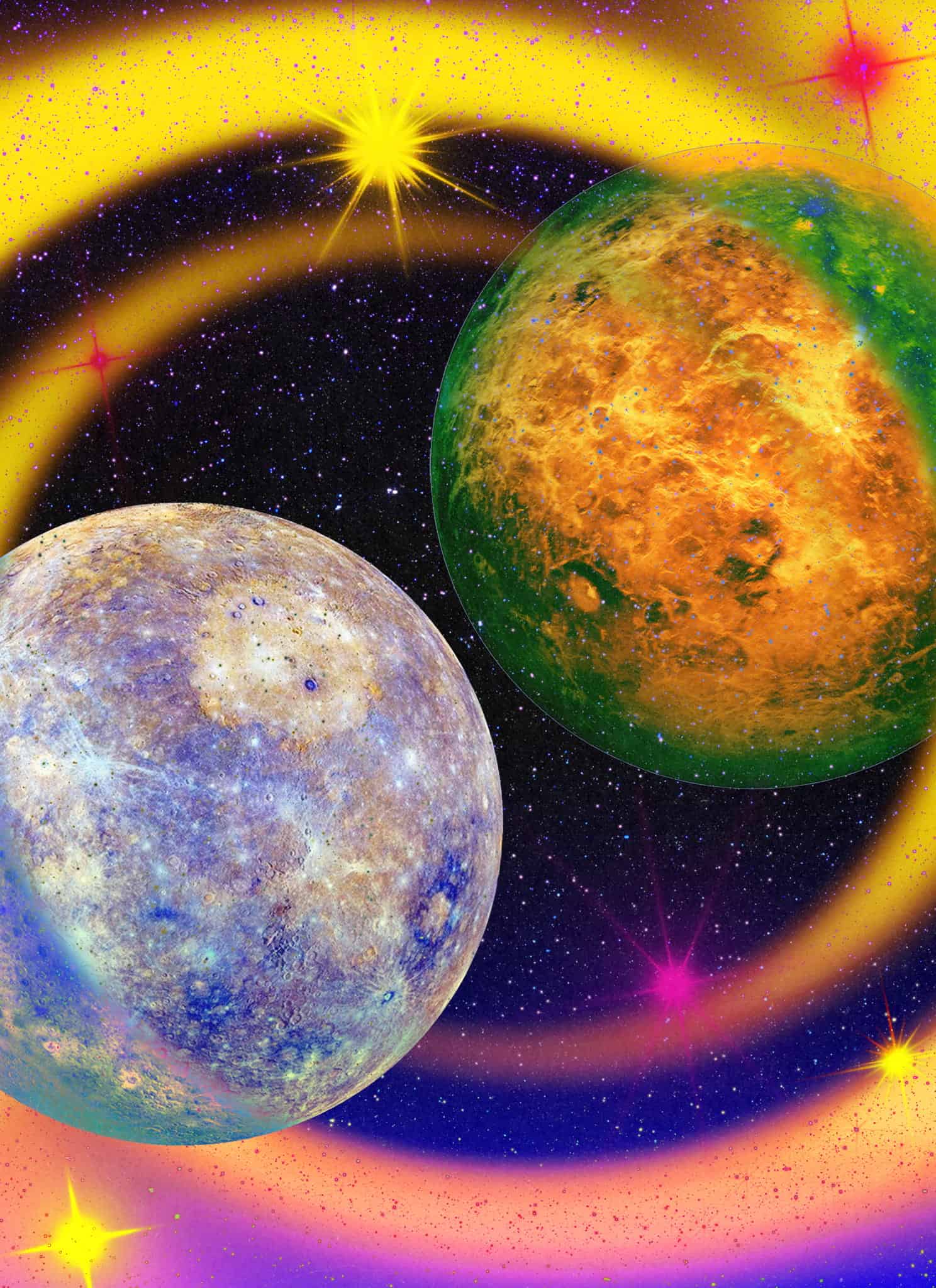 Two colorful planets float in a vibrant, star-filled space with swirling yellow, purple, and orange hues and sparkling stars around them.