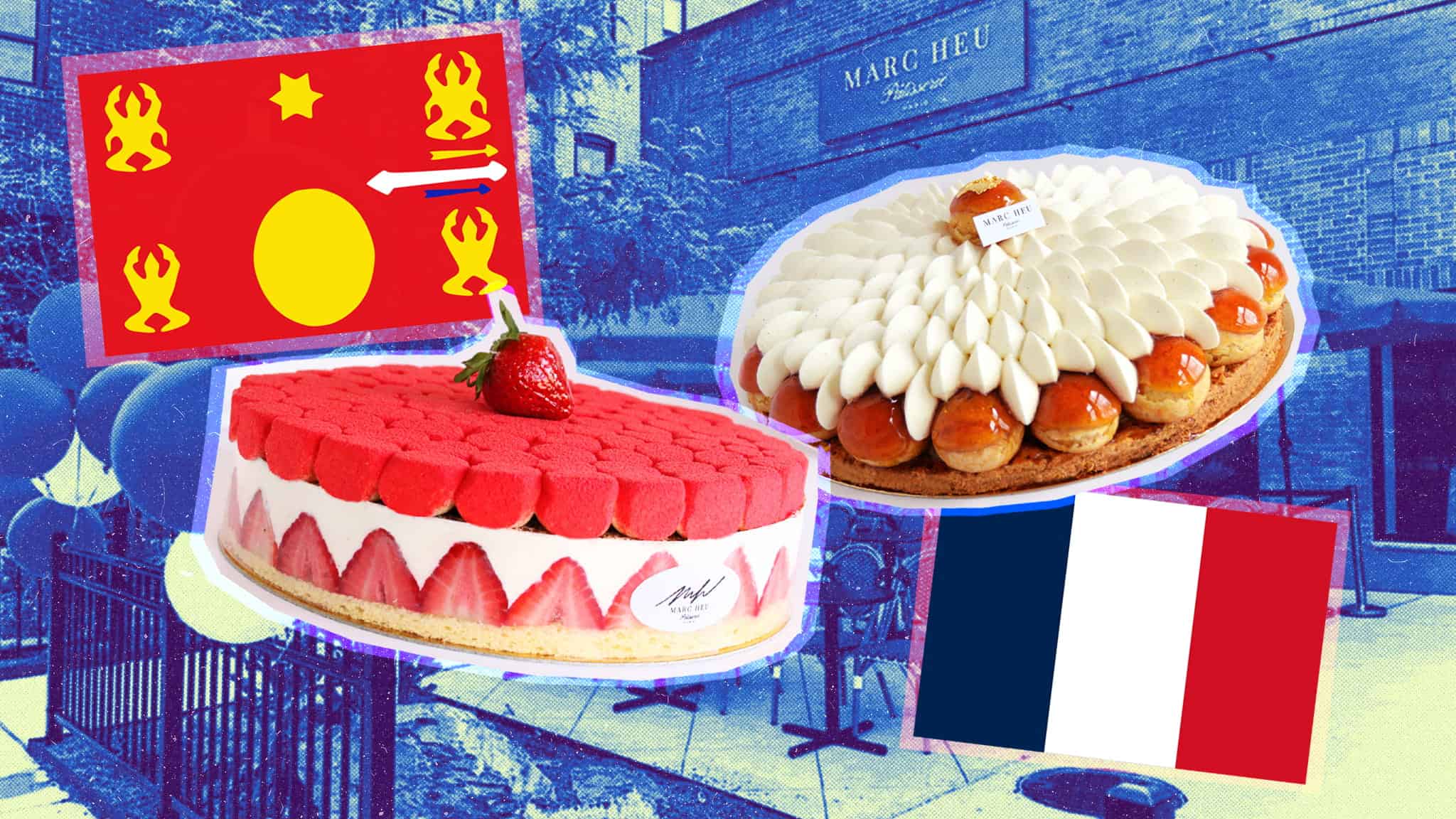 Two French cakes are shown with French and Occitanie flags, set against a blue-toned backdrop of a bakery storefront labeled Marc Heu..