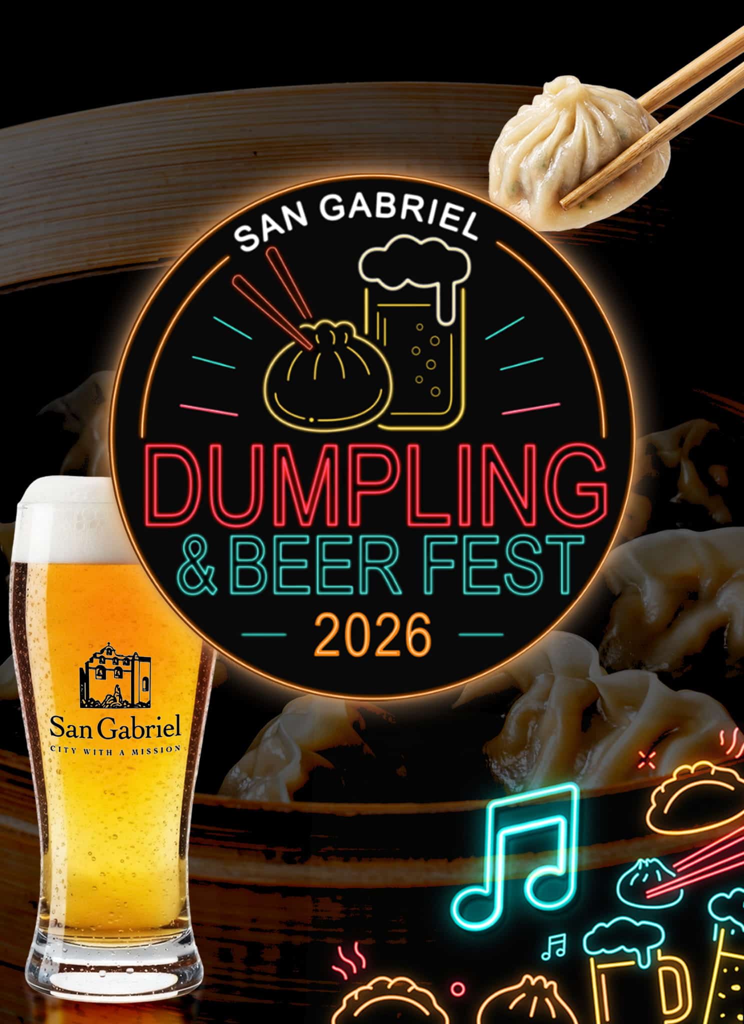 Promotional graphic for the 2026 San Gabriel Dumpling & Beer Fest, featuring a glass of beer, a dumpling held by chopsticks, and neon-style event branding.
