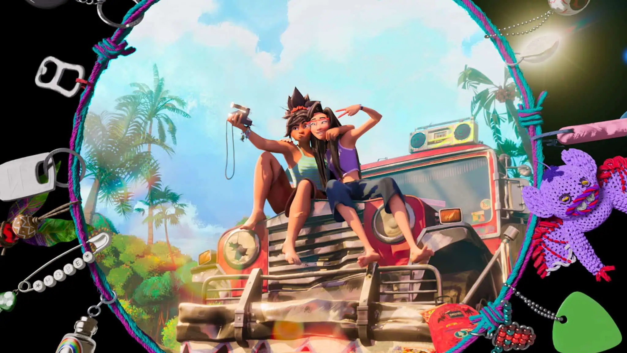 Two animated characters pose for a photo on the hood of a jeep in a tropical setting with palm trees and blue skies, surrounded by colorful trinkets and charms framing the image—a vibrant scene reminiscent of Filipino animation.