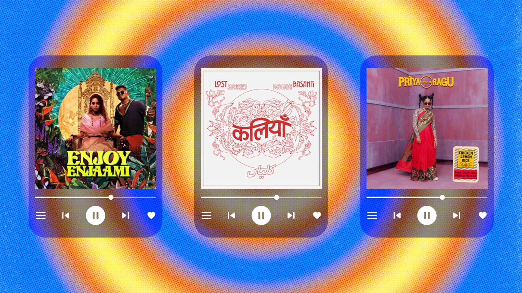 Three colorful music player cards display album covers by artists Enjoy Enjaami, Lost Stories & Rashmeet Kaur, and Priya Ragu, set against a vibrant, swirling yellow and blue background.