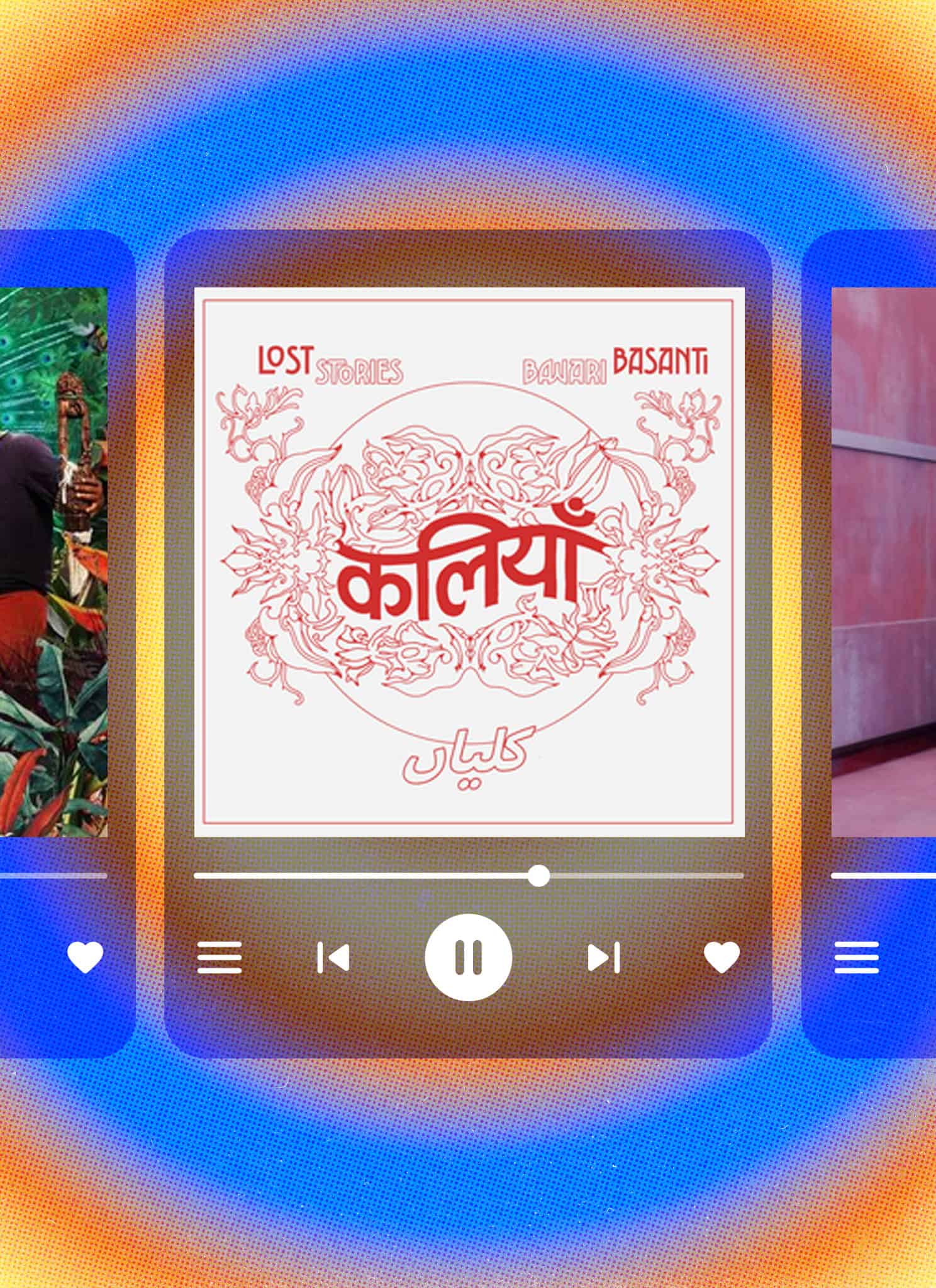 Three colorful music player cards display album covers by artists Enjoy Enjaami, Lost Stories & Rashmeet Kaur, and Priya Ragu, set against a vibrant, swirling yellow and blue background.