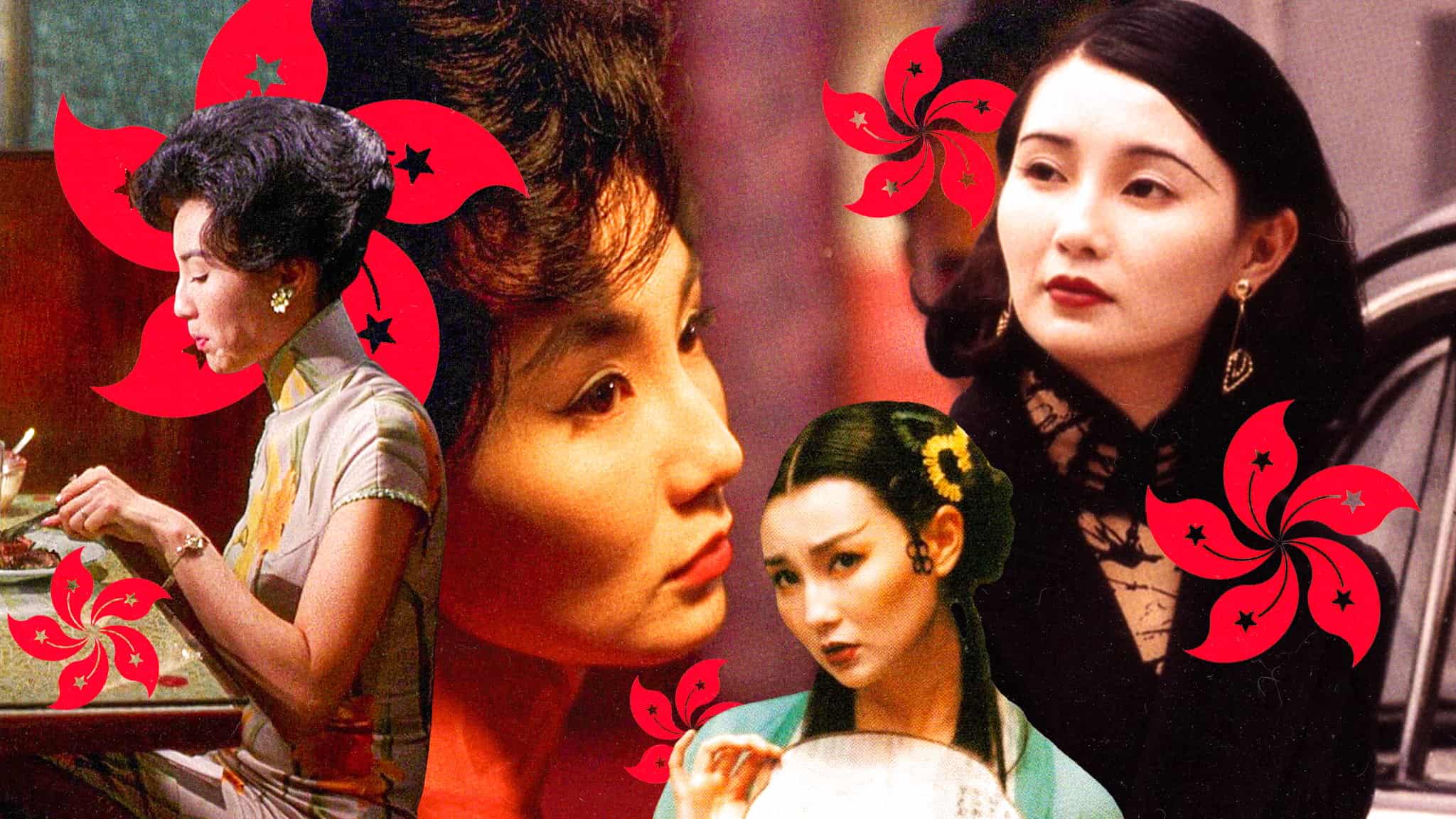 A collage of four women in traditional and elegant attire, overlaid with red Hong Kong flags, set against a warm, colorful background.