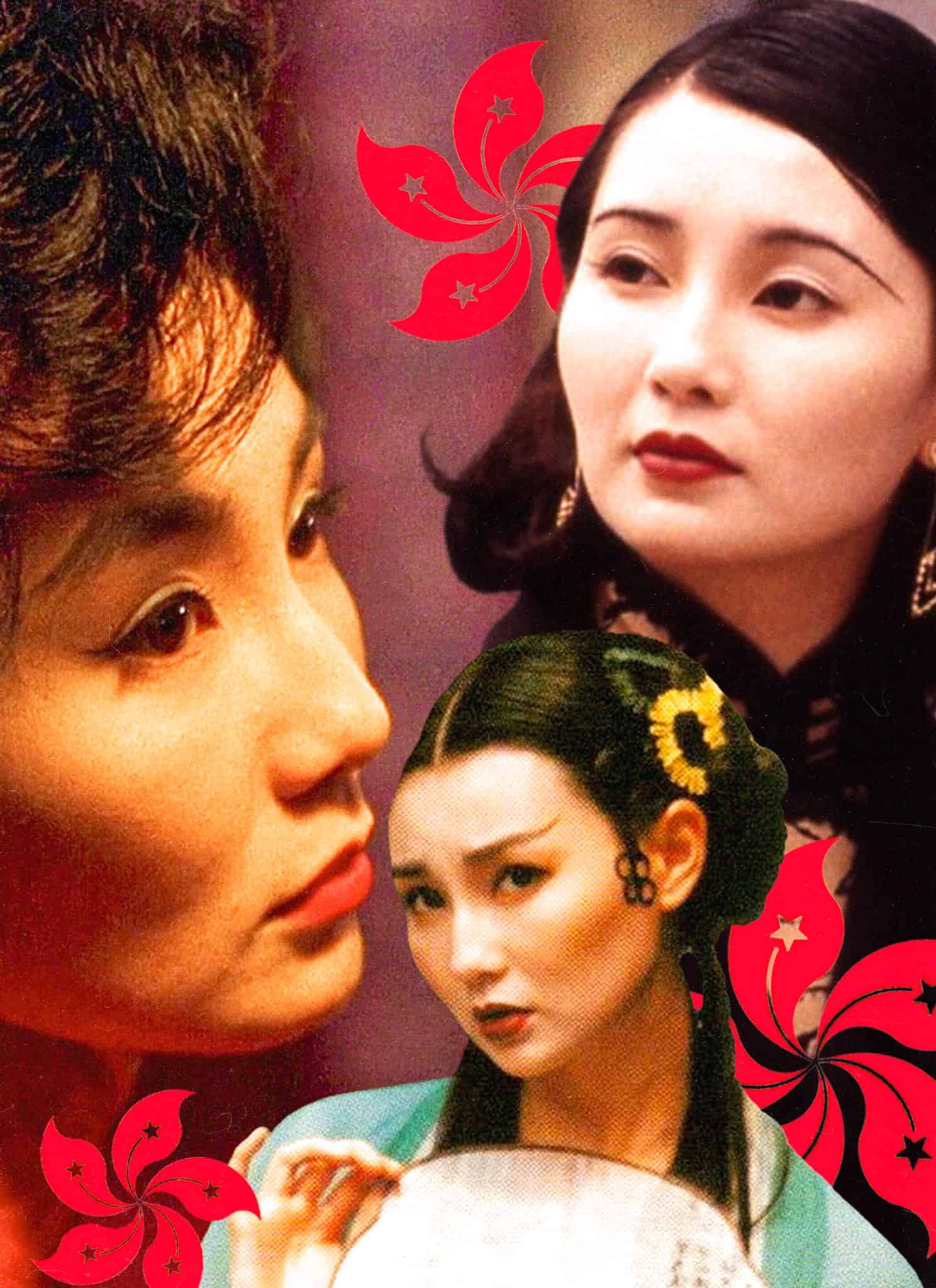 A collage of four women in traditional and elegant attire, overlaid with red Hong Kong flags, set against a warm, colorful background.
