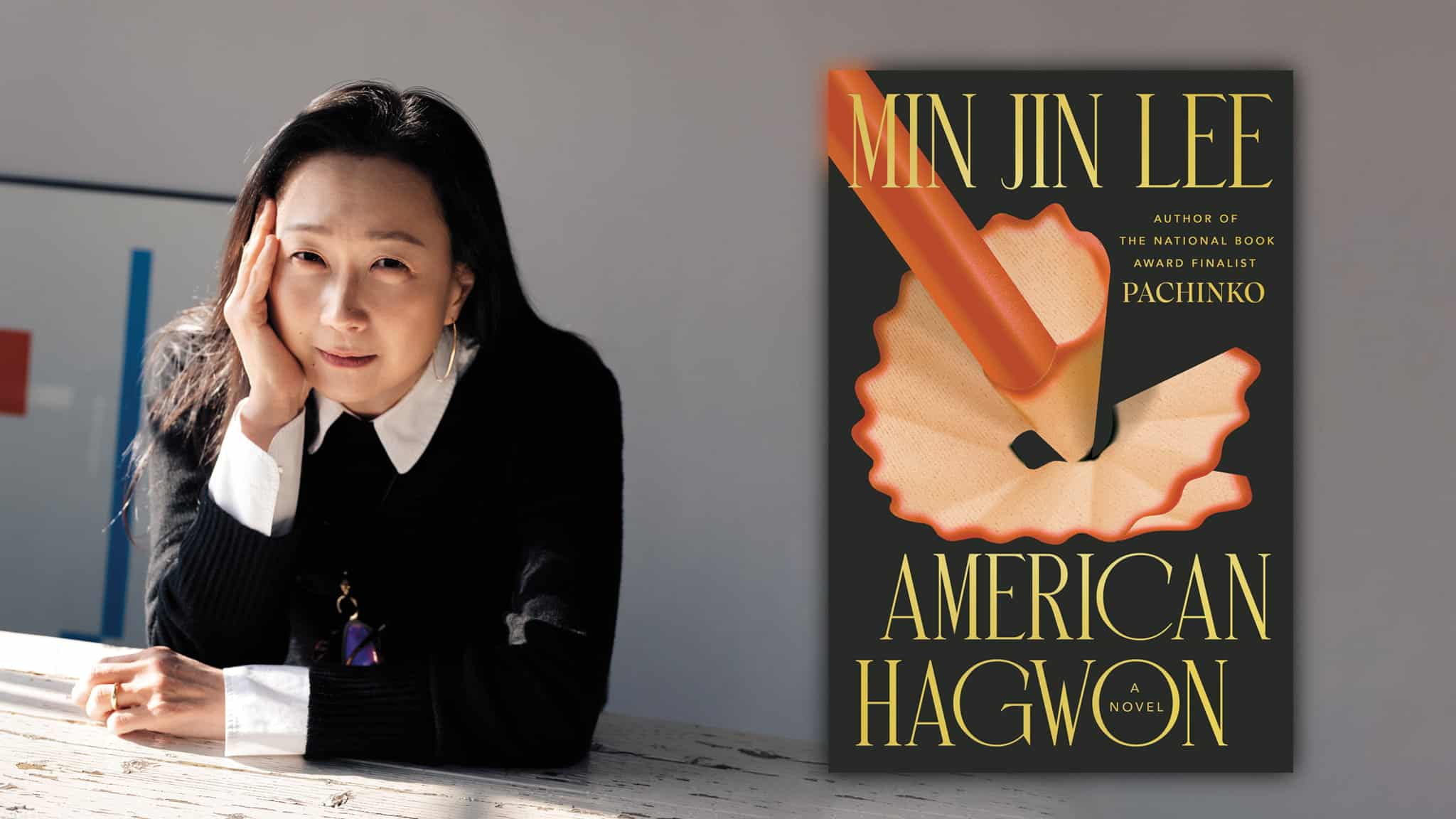 A woman sits at a table, resting her head on her hand, next to the book cover for American Hagwon by Min Jin Lee, which features a pencil shaving motif.