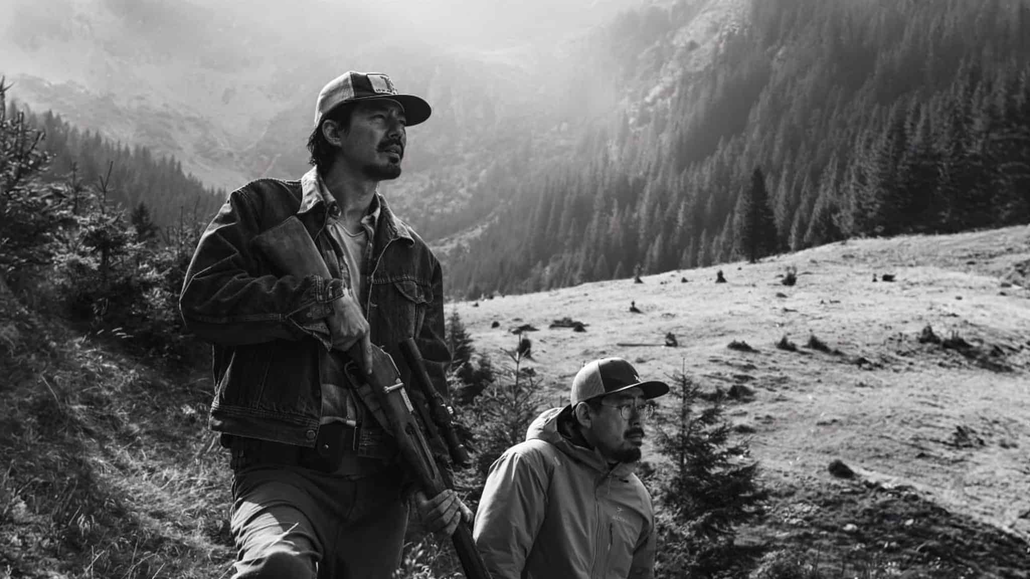 Two people in outdoor clothing and hats walk through a mountainous, forested area. One holds a rifle. The scene is in black and white, evoking a remote and rugged landscape reminiscent of the atmospheric tension found in Na Hong-jin’s films.
