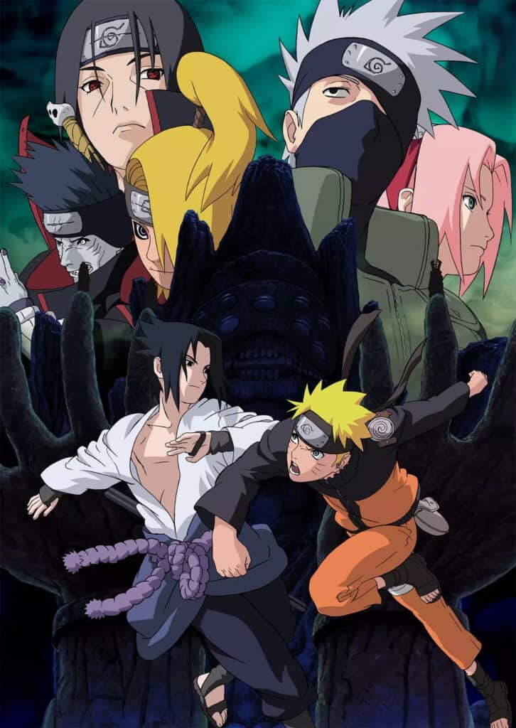 Anime characters from Naruto, including Naruto, Sasuke, Sakura, Kakashi, and others, are posed dramatically in front of a dark, menacing statue. The intense atmosphere and vibrant colors perfectly capture the spirit of the Naruto universe.