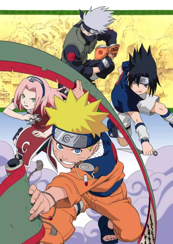 Four anime characters in dynamic poses: a blond boy in orange reminiscent of Naruto, a pink-haired girl in red, a dark-haired boy in blue, and a masked man in gray, with a mountain carved with faces in the background.