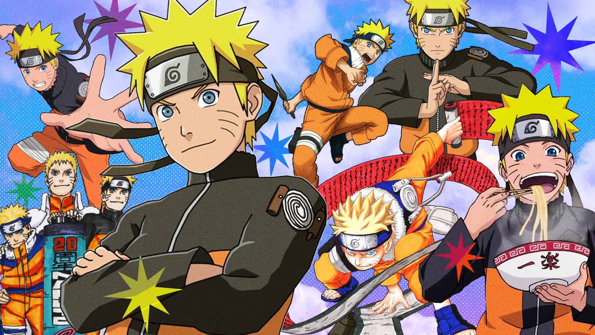 Multiple illustrated versions of Naruto Uzumaki in his orange ninja outfit appear in various action poses and expressions against a colorful, star-filled background.