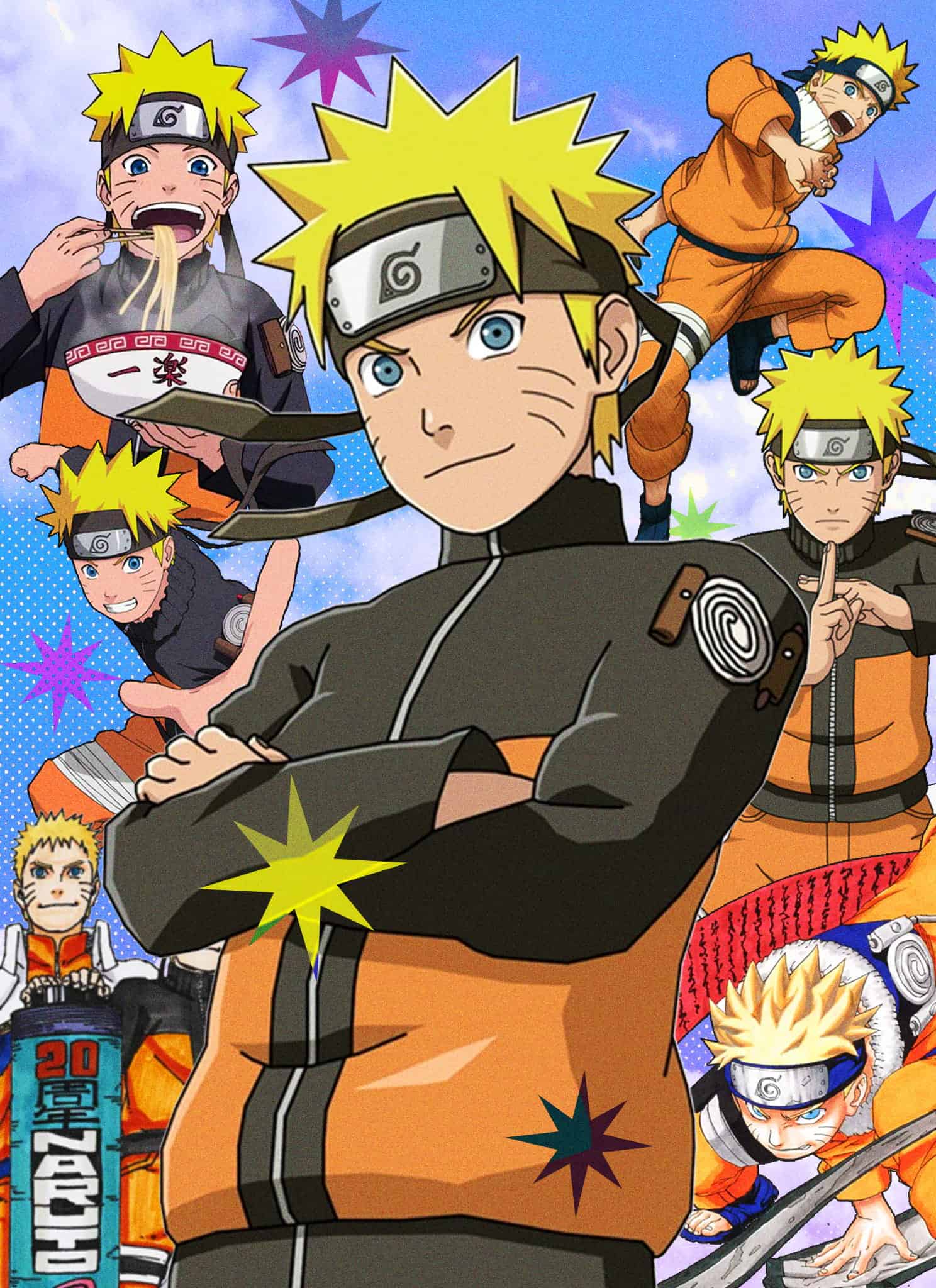 Multiple illustrated versions of Naruto Uzumaki in his orange ninja outfit appear in various action poses and expressions against a colorful, star-filled background.