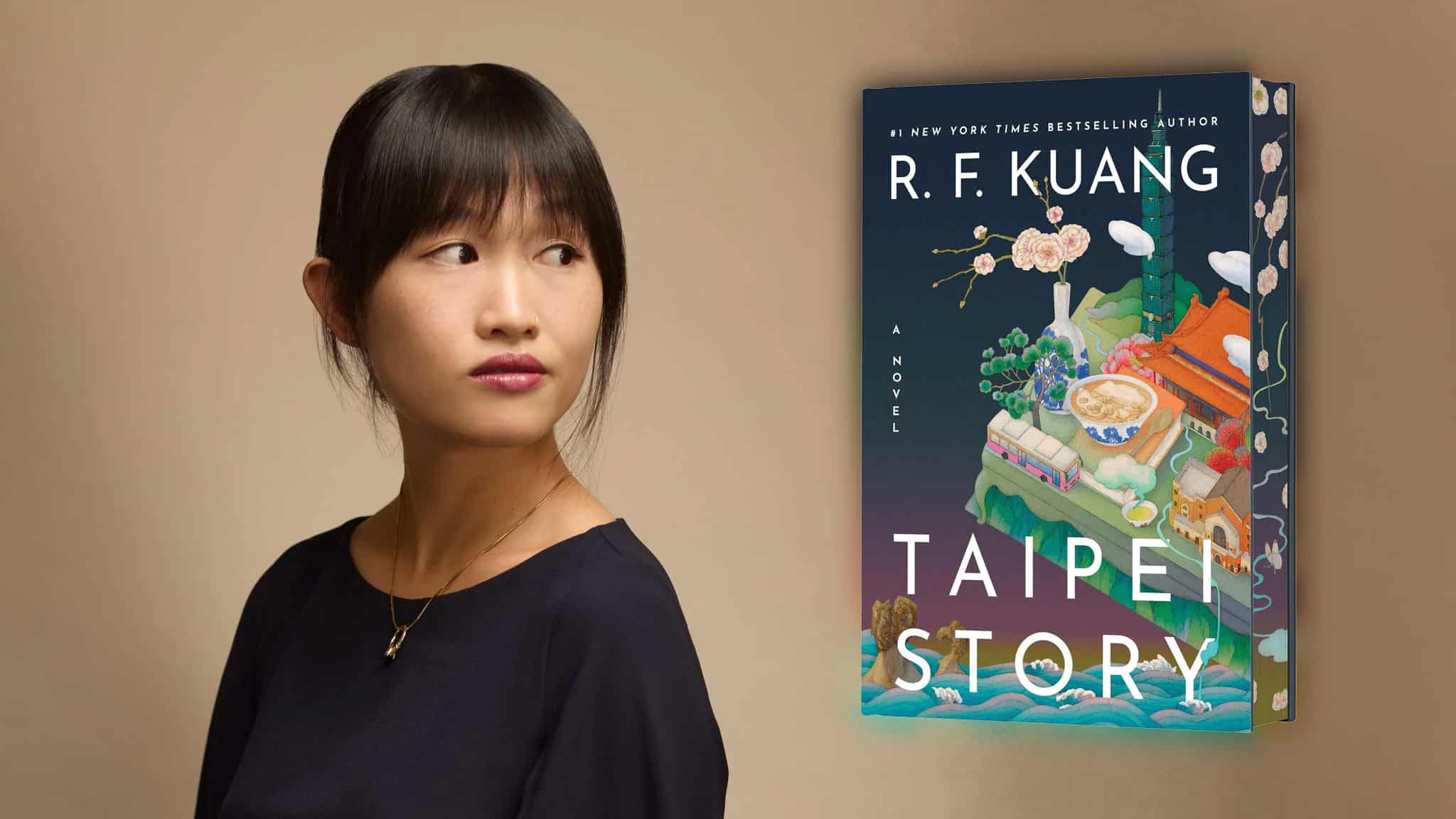A woman with dark hair looks to the side next to the cover of the book Taipei Story by R.F. Kuang, which features colorful illustrations of a cityscape and flowers.