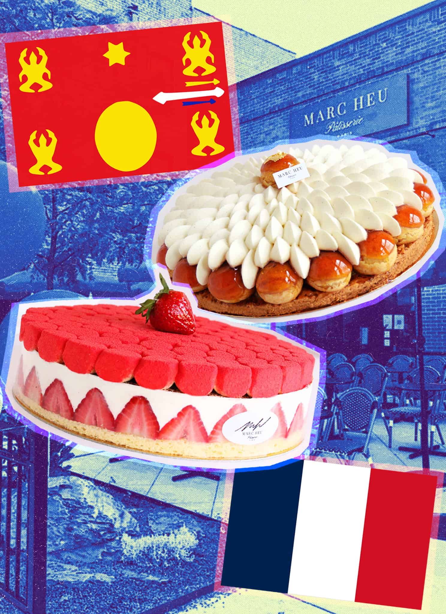 Two French cakes are shown with French and Occitanie flags, set against a blue-toned backdrop of a bakery storefront labeled Marc Heu..