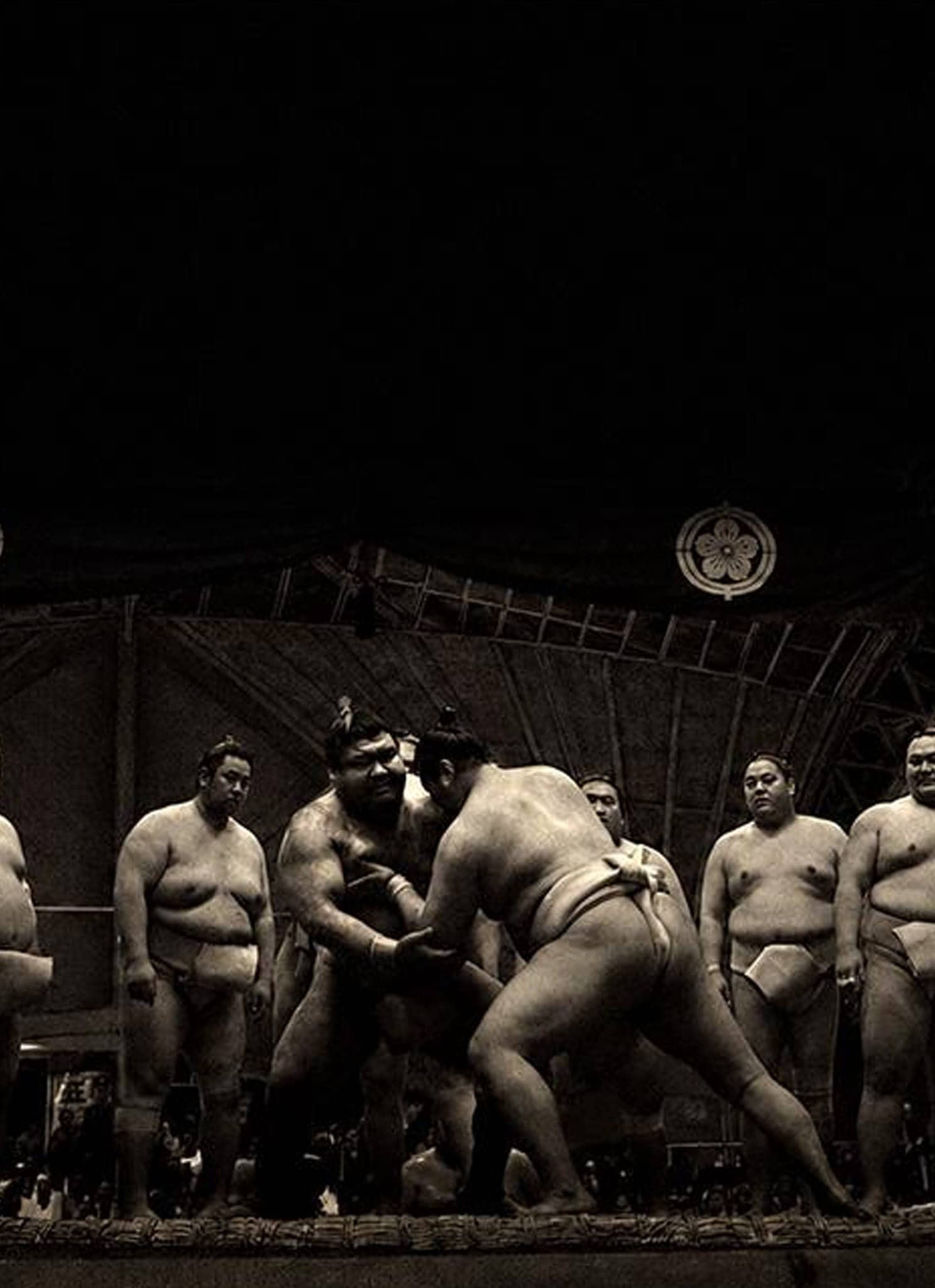 A group of sumo wrestlers, wearing traditional mawashi, watch two sumo wrestlers engaged in a match in a darkly lit arena. The atmosphere is intense and focused.