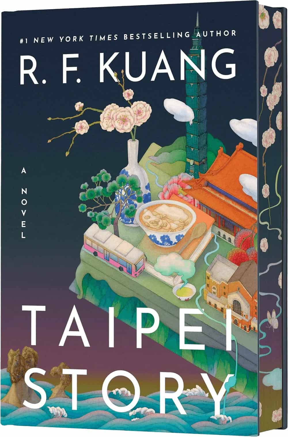 Book cover of Taipei Story by R. F. Kuang featuring illustrated Taipei landmarks, a bowl of noodles, and flowers on a floating, colorful platform with a dark background.