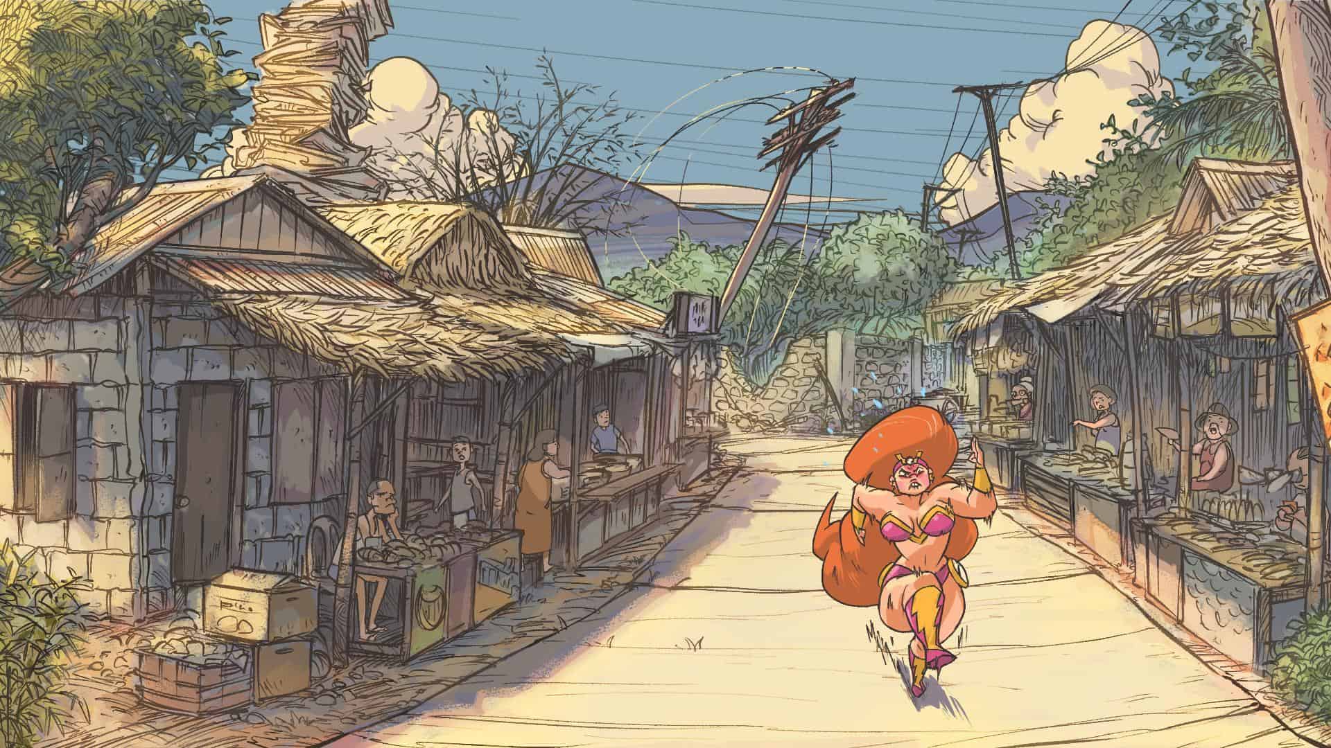 A cartoon woman in a bright outfit runs down a sunlit street lined with rustic wooden shops and thatched roofs, capturing the lively charm of Filipino animation as people watch from the sides.