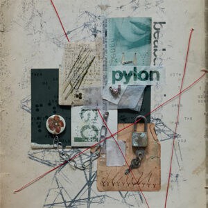 A mixed media collage with paper scraps, string, chain, a tag, safety pin, and text fragments layered on a textured background. Red threads crisscross the composition.