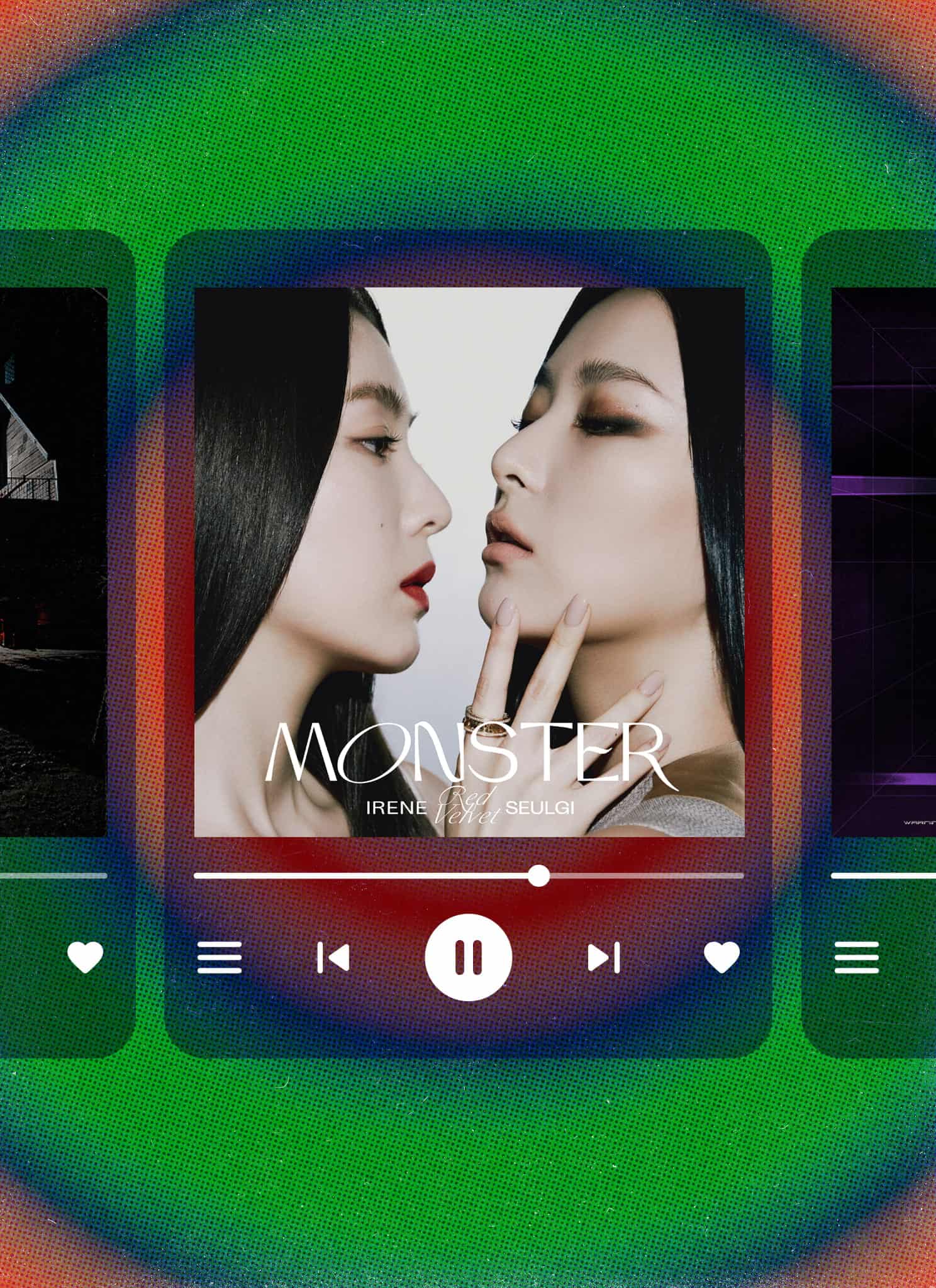 Three digital music player interfaces displaying album covers for artists including Red Velvet - IRENE & SEULGI and Stray Kids, arranged against a green and red circular gradient background.