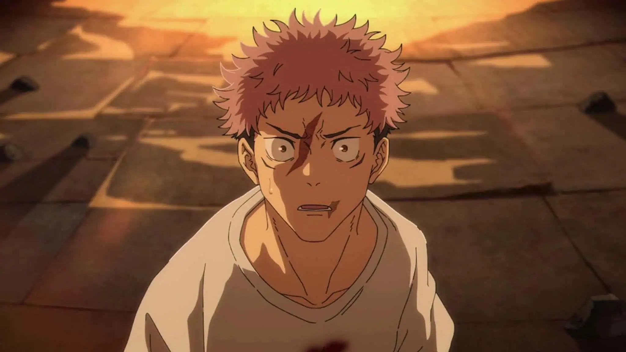 An animated young man with spiky pink hair looks forward with a shocked and distressed expression.