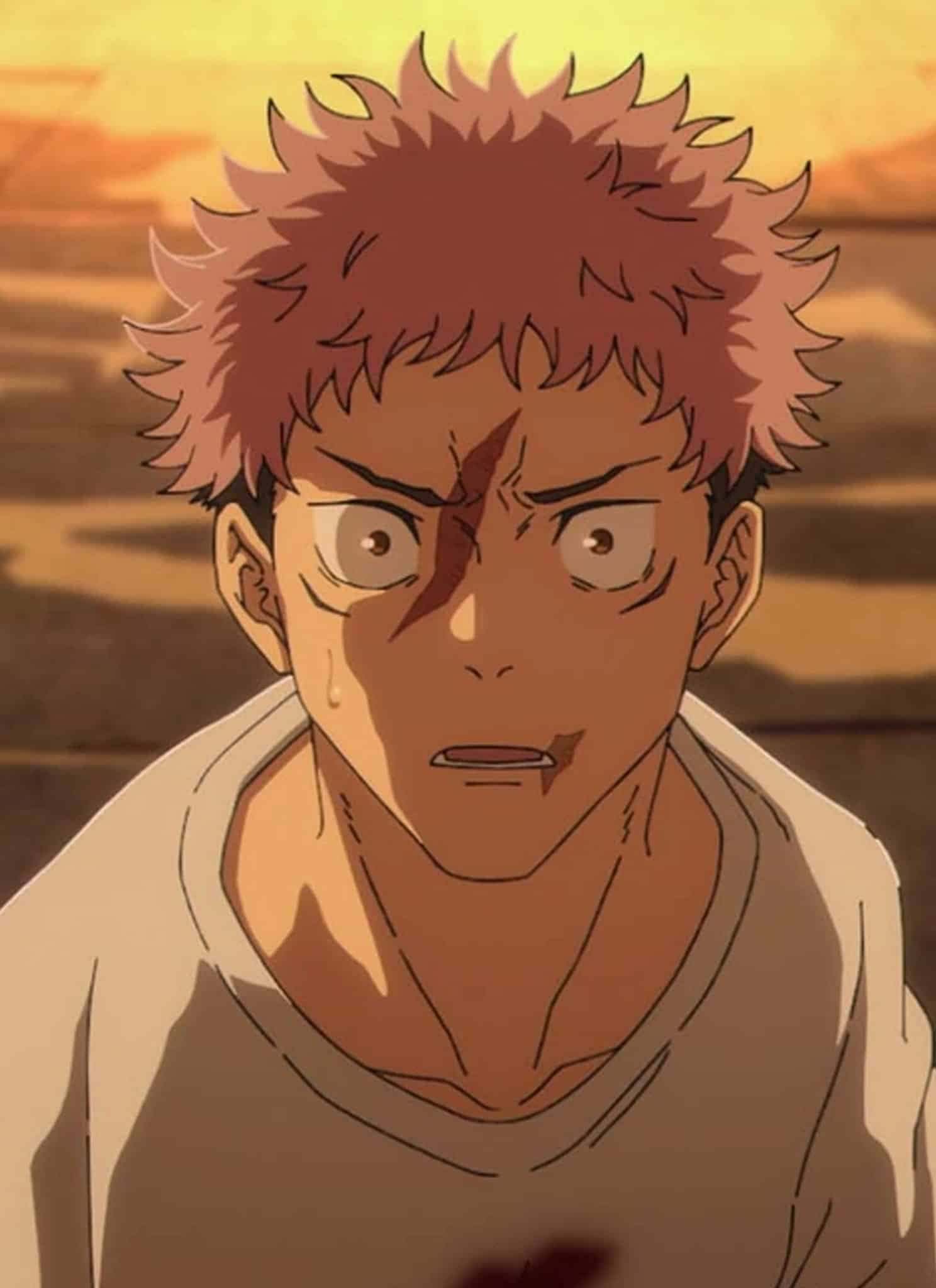 An animated young man with spiky pink hair looks forward with a shocked and distressed expression.