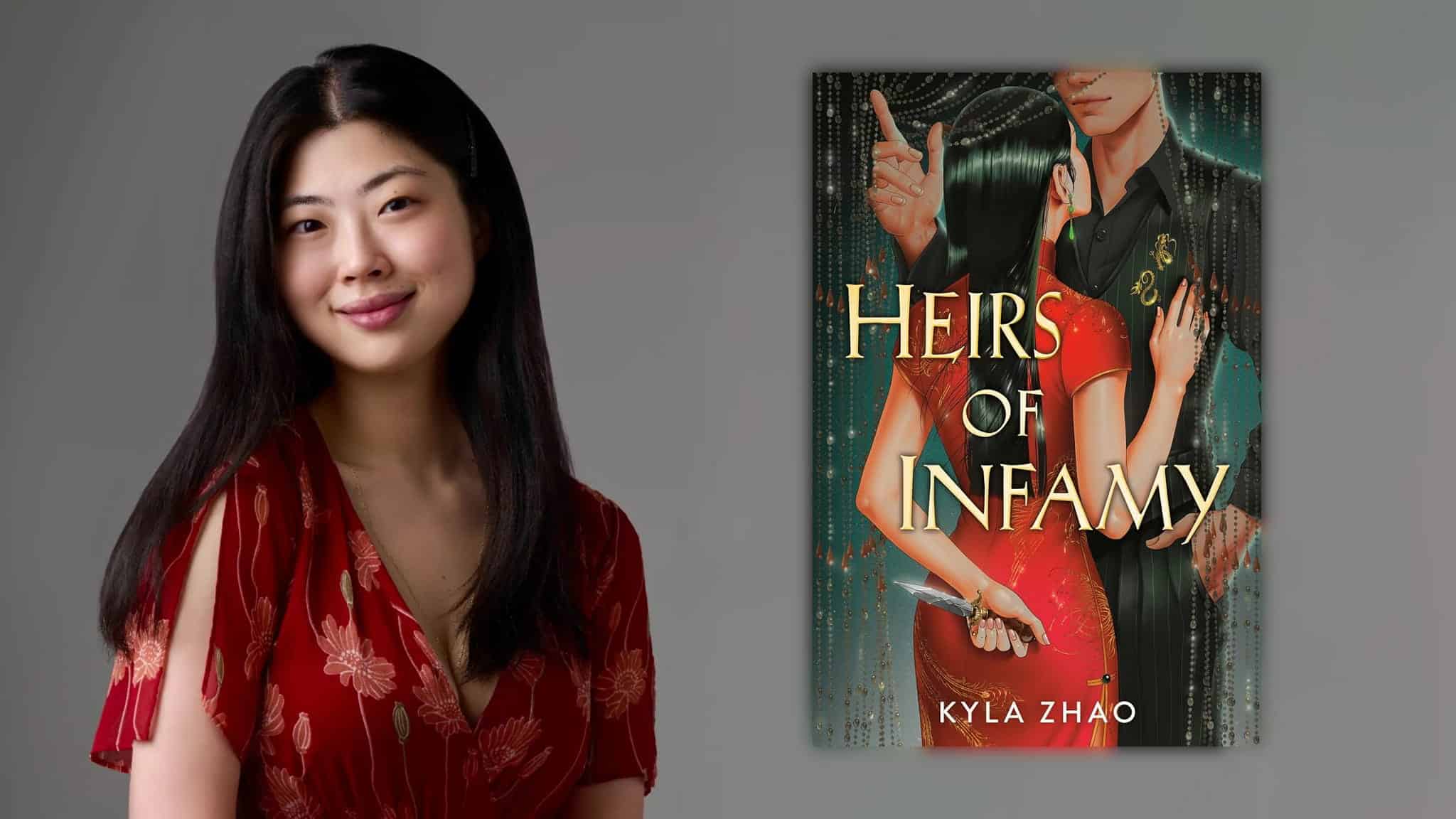 Author Kyla Zhao beside the cover of her book, Heirs of Infamy, which features an illustration of a woman in a red dress holding a knife behind her back.