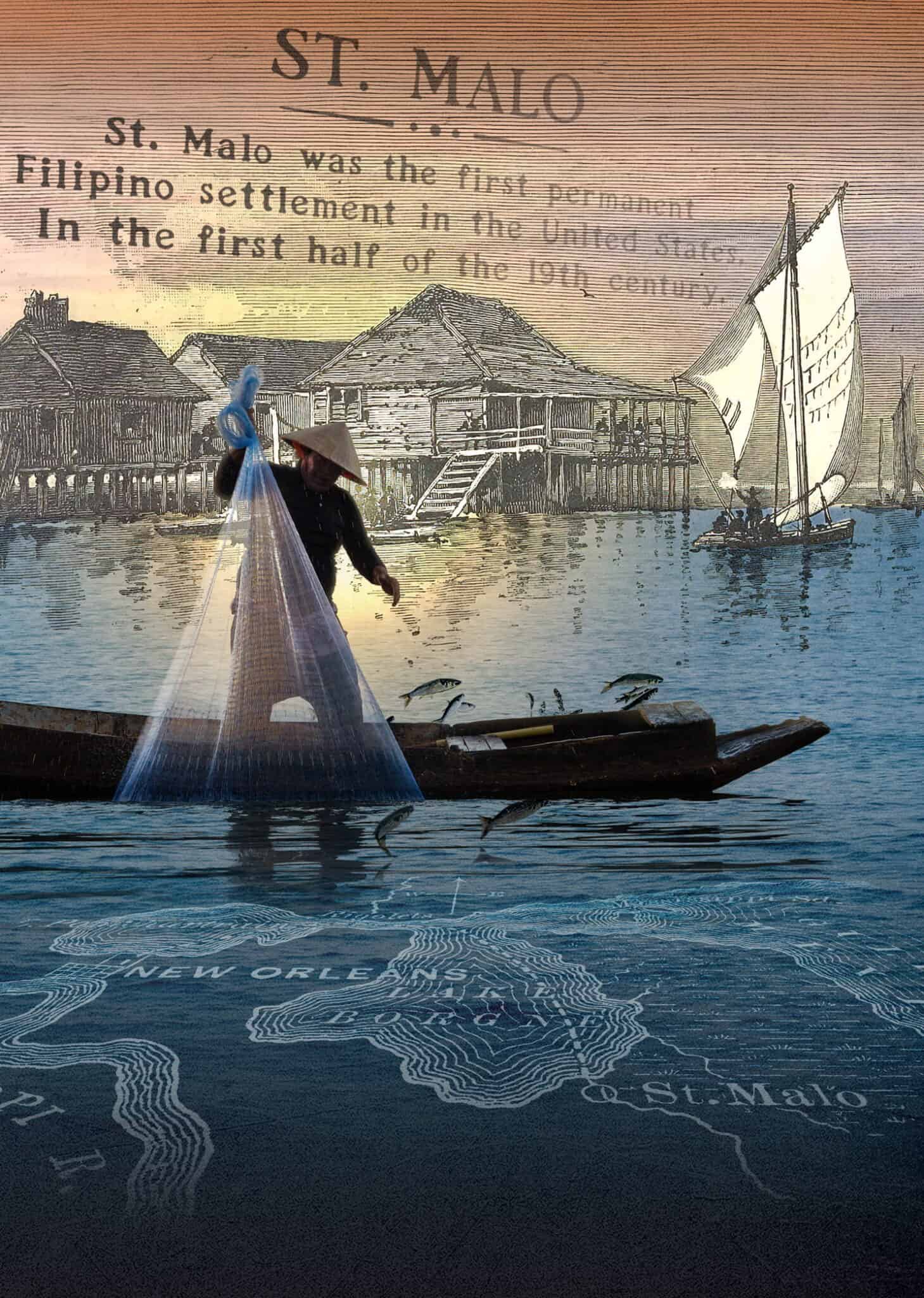 A fisherman casts a net from a small wooden boat in front of an illustration of a stilt house settlement, layered over a map of the Louisiana coast.