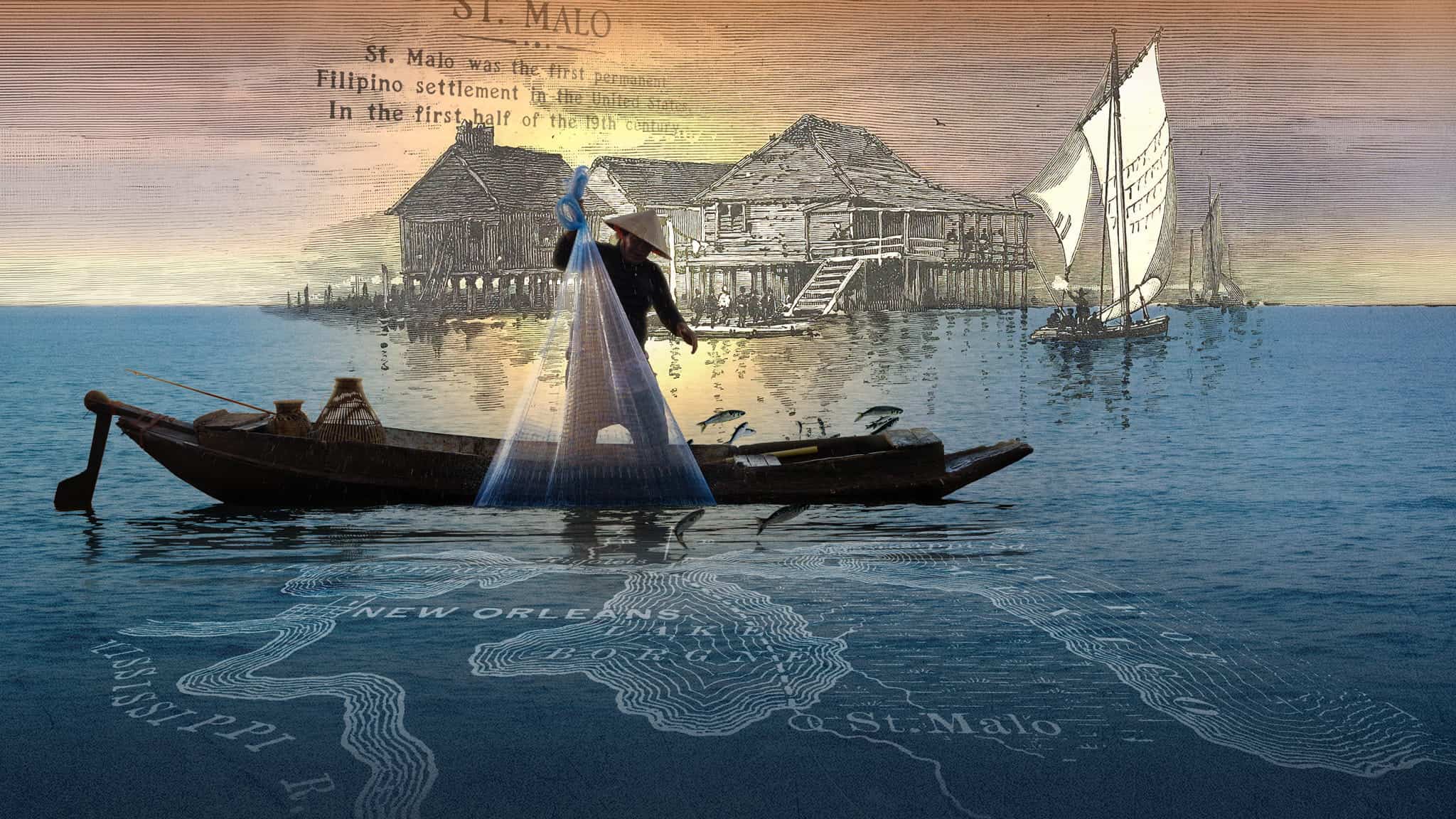 A fisherman casts a net from a small wooden boat in front of an illustration of a stilt house settlement, layered over a map of the Louisiana coast.