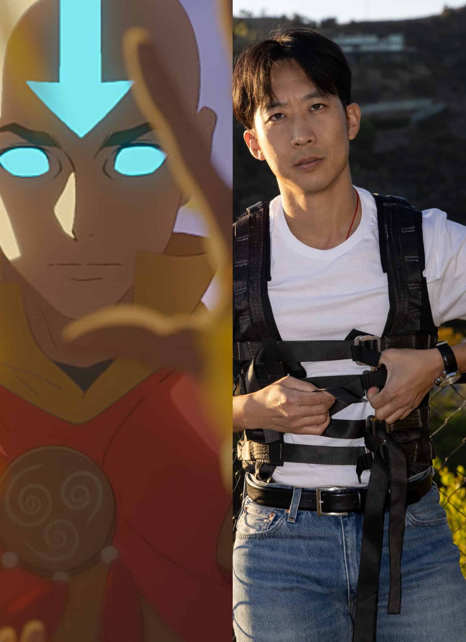 A split image featuring the animated character Aang from Avatar: The Last Airbender on the left and actor Gordon Cormier on the right, reminiscent of the stunt work overseen by Alfred Hsing.