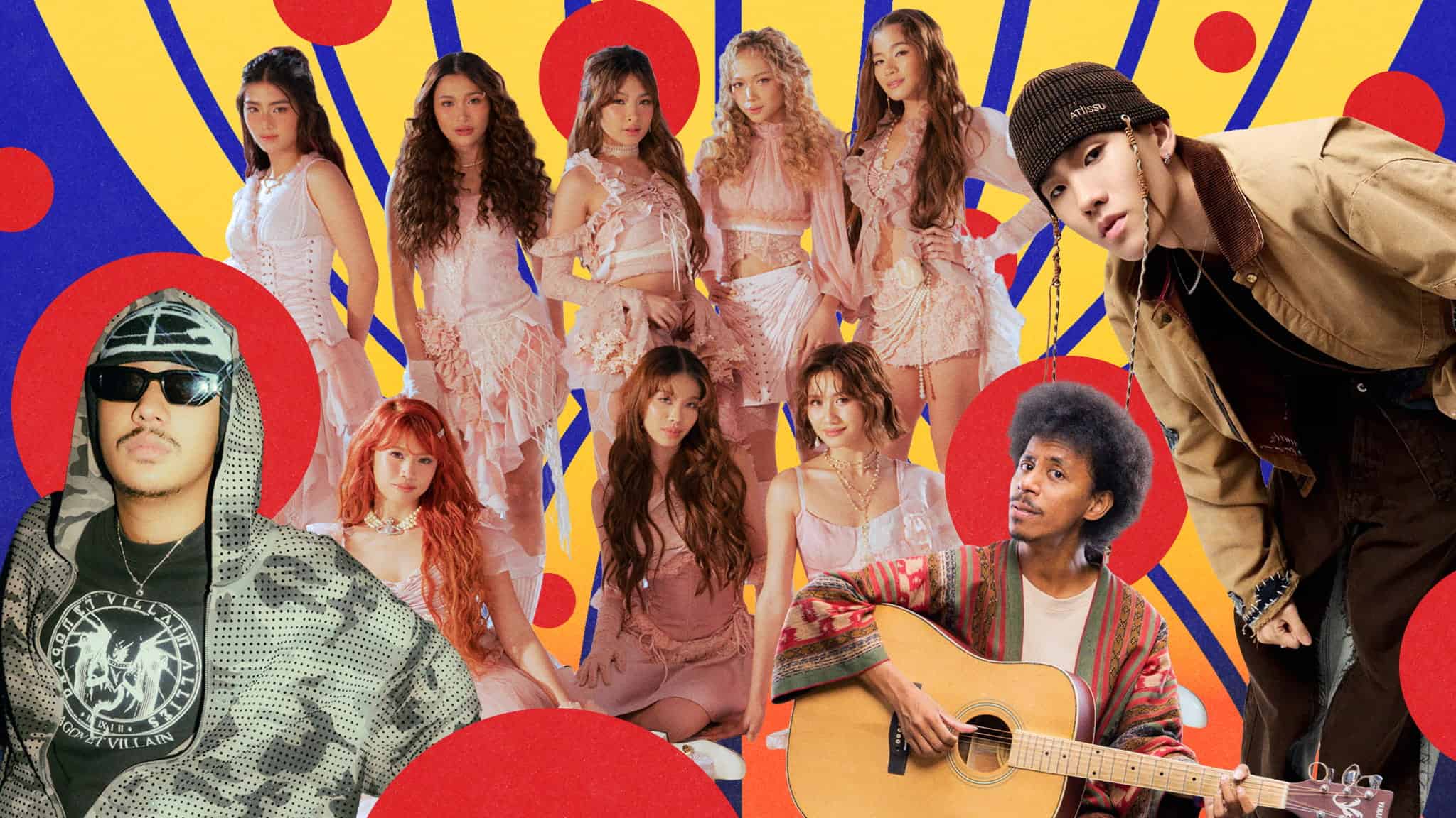 A group of performers, including a man in a camo hoodie, a man playing acoustic guitar, a man in a beanie, and six women in matching pink outfits, posed against a yellow and blue graphic background.