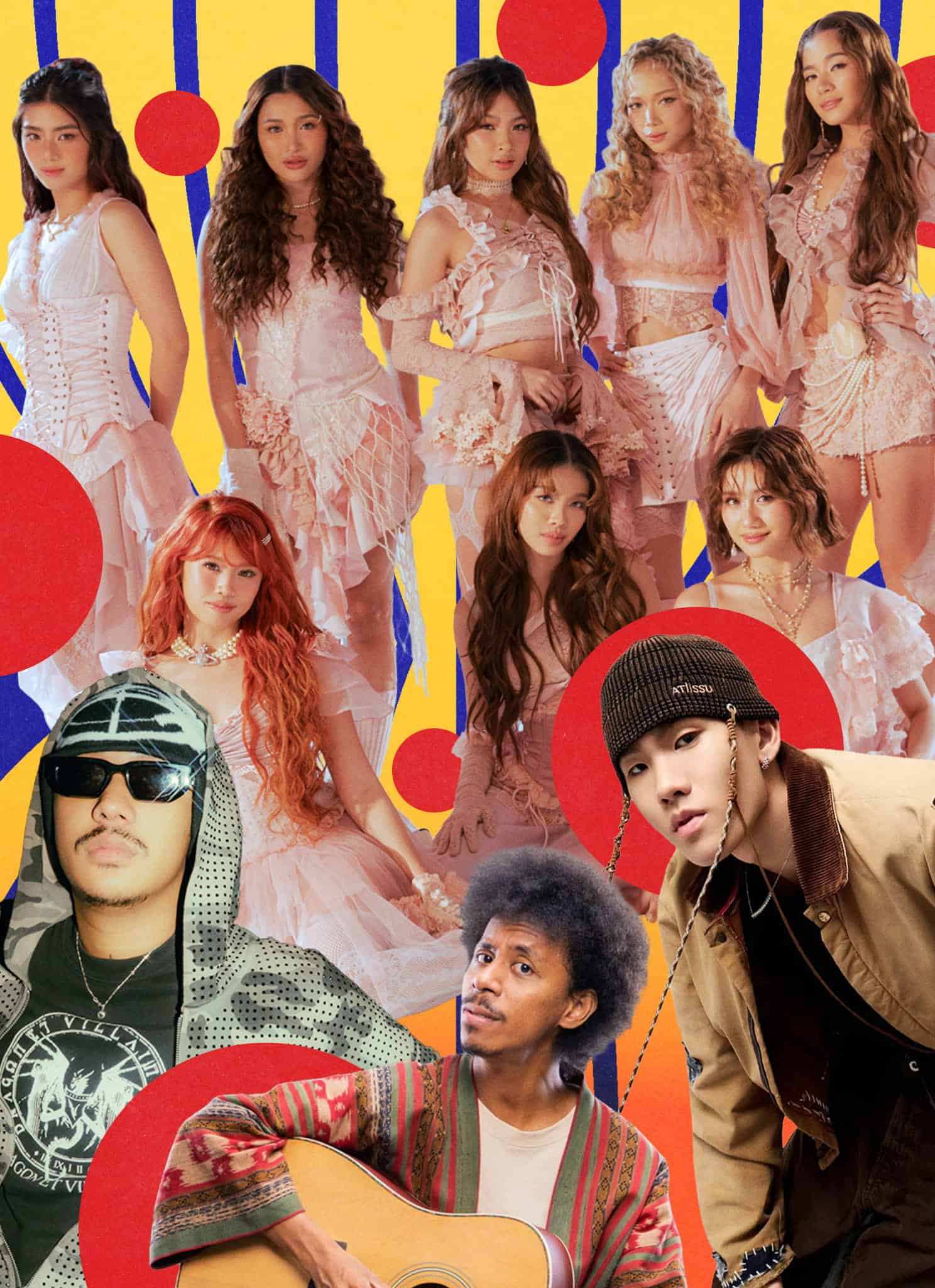 A group of performers, including a man in a camo hoodie, a man playing acoustic guitar, a man in a beanie, and six women in matching pink outfits, posed against a yellow and blue graphic background.