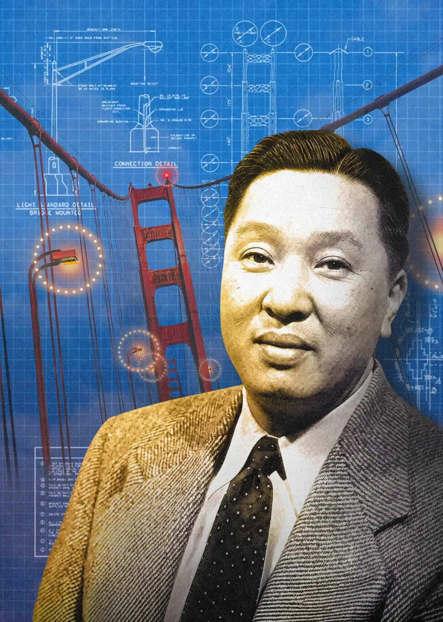 A portrait of engineer Wallace Bing Fong superimposed over technical blueprints and a graphic of the Golden Gate Bridge.