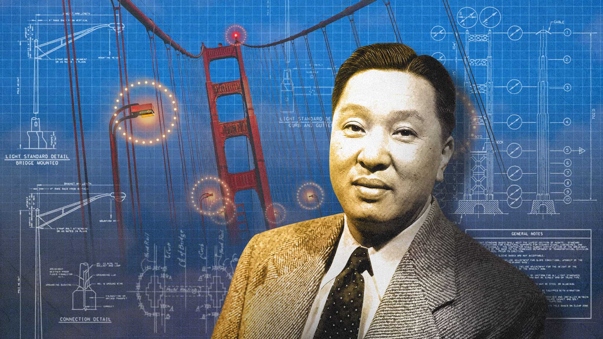 A portrait of engineer Wallace Bing Fong superimposed over technical blueprints and a graphic of the Golden Gate Bridge.