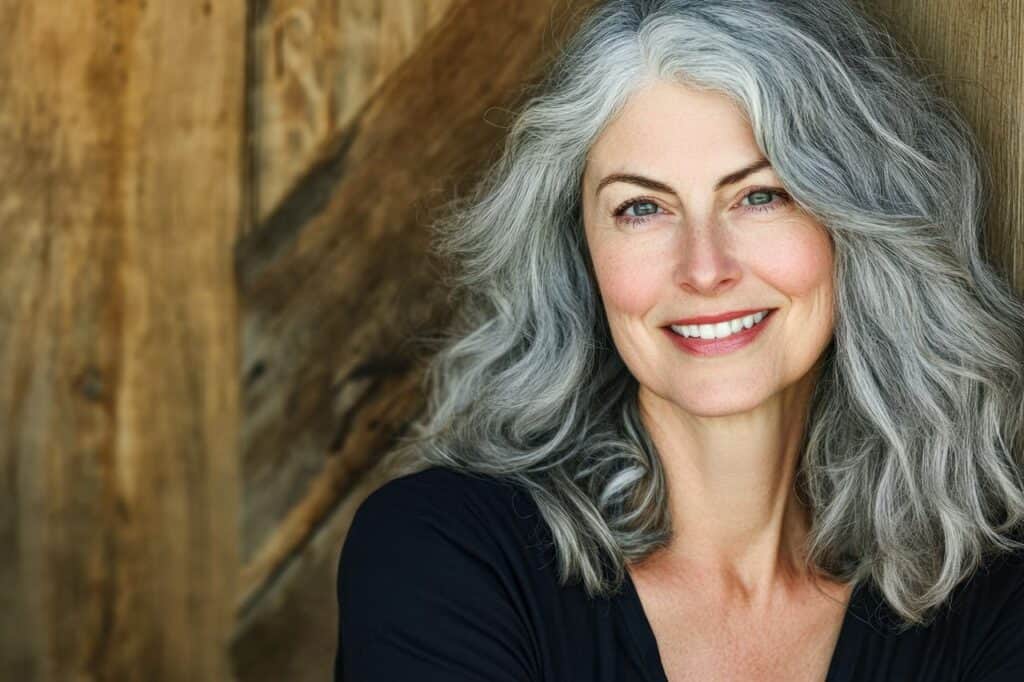 Femme souriante avec des cheveux gris