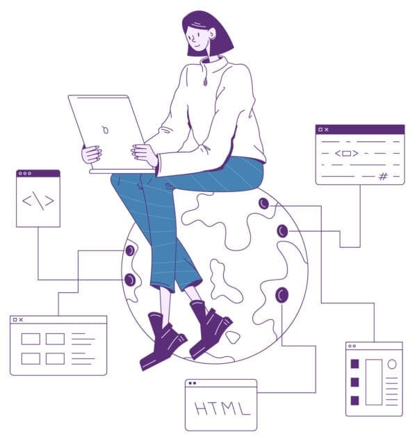 illustration of woman on globe with computer
