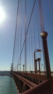 looking up at the cables of the Golden Gate Bridge