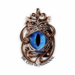 A sticker featuring a blue reptilian eye at its center with ornate gold or bronze metalwork and the text "THE EYES OF MANDORAL" below.