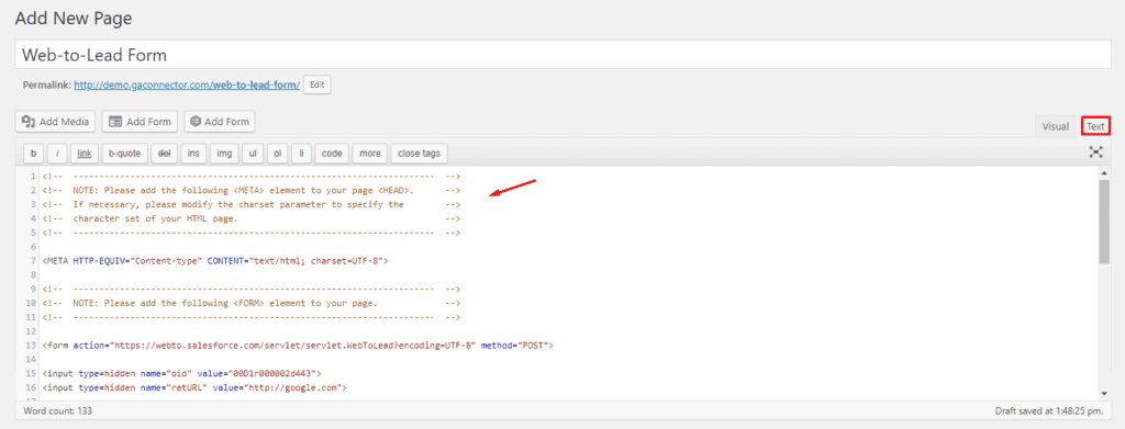 Paste the html code 1024x391 - How to add Contact Form leads into SalesForce