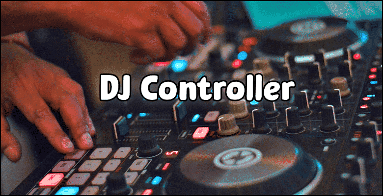 Close-up of a person’s hands operating DJ Controllers, with illuminated buttons and dials visible on the device.