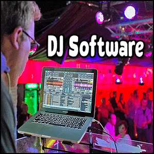 A DJ stands behind a laptop using DJ software in a colorful club, mixing tracks as people dance in the background. Text reads "DJ Software.