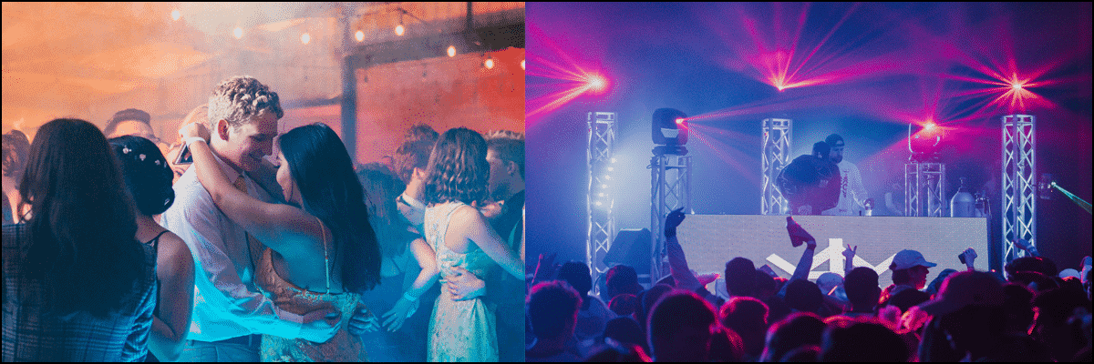 Split image: left side shows a couple dancing closely at a party; right side highlights a DJ performing on stage with colorful lights and a crowd dancing—capturing the lively spirit that defines us. Discover more in our About Us section.