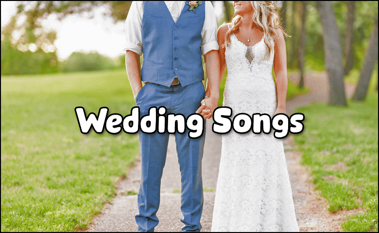 A bride and groom holding hands outdoors, with the text "New Wedding Songs" elegantly overlaid on the image.