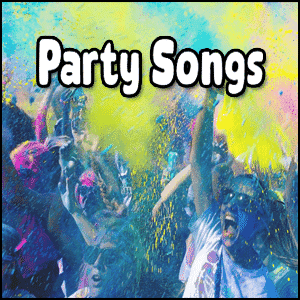 A crowd of people celebrates at a colorful festival with bright powder in the air; bold text reads "Party Songs" to set the mood for the ultimate party playlist.