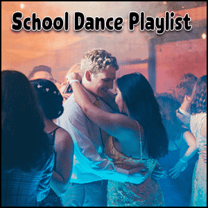 A group of teenagers dancing closely at a school dance event under colorful lights with the text "School Dance Songs Playlist" above them.