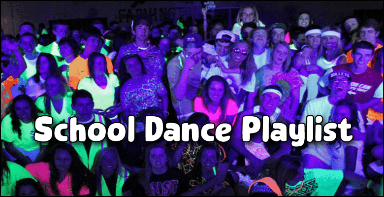 A large group of students at a school dance glows under blacklights, with text overlay that reads "School Dance Songs Playlist.