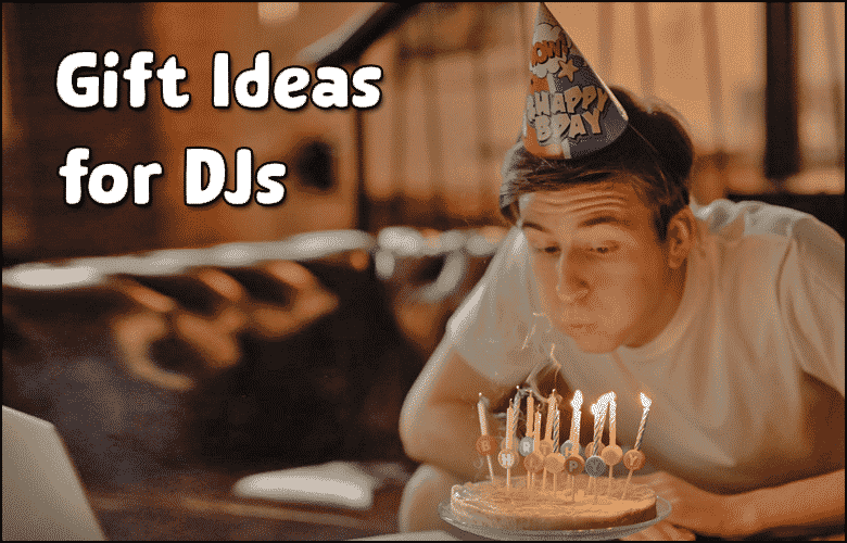 A person wearing a party hat blows out candles on a birthday cake; text on the image reads "Unique Gift Ideas for DJs.
