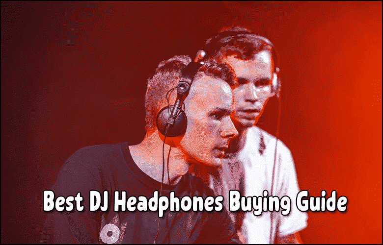 Two people wearing headphones stand side by side with red lighting; text overlay reads "Best DJ Headphones Buying Guide" to help you find the best DJ headphones for every style and budget.