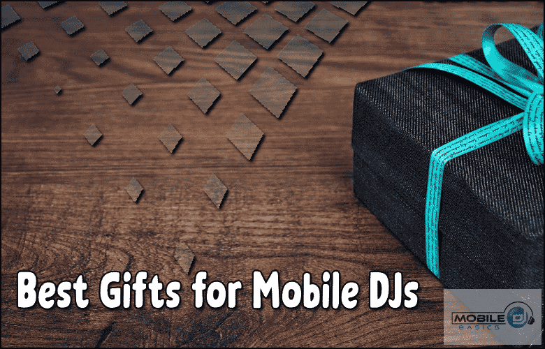 A black gift box with a blue ribbon on a wooden surface, featuring the text "Best Gifts for Mobile DJs," the Mobile DJ Basics logo, and perfect gift ideas for DJs.