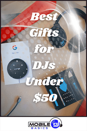A flat lay of DJ accessories including headphones, a Google smart speaker, cables, and a tool set with text overlay: "Best Gift Ideas for DJs Under $50.