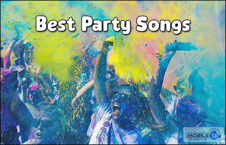 A crowd of people celebrating and throwing colorful powder in the air with the text "Best Party Songs" setting the perfect vibe above them.